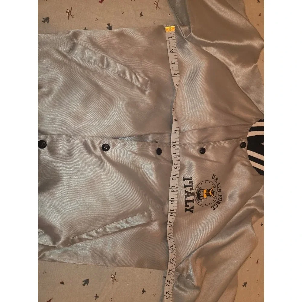 Vintage Artex US Air Force Italy Satin Bomber Jacket Silver Mens Small USA Made
